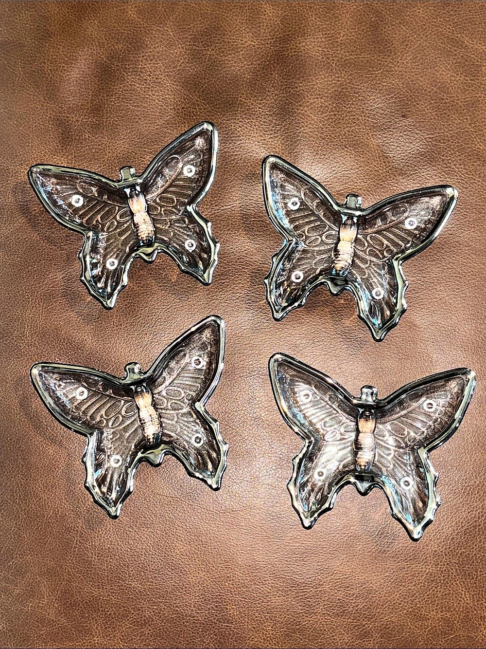 Rare Vintage Jeanette Glass 4” Butterfly Trinket Candy Dish Set w/ Silver Edges